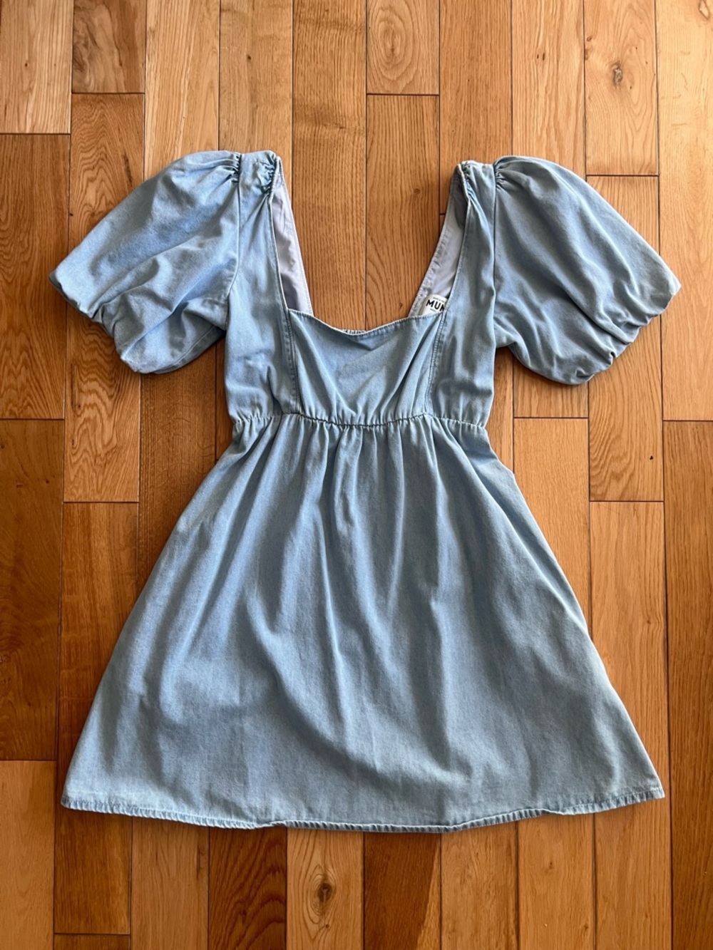 Show Me Your Mumu Smitten Babydoll Puff Sleeve Denim Dress Sky Blue Size Small - Picture 2 of 11